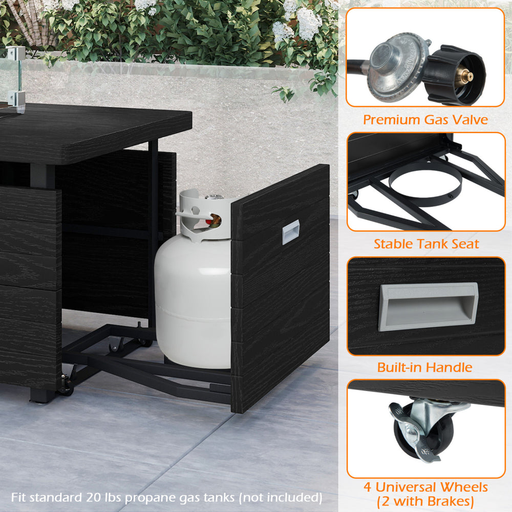 The 51-inch propane fire pit table features a removable lid, tempered glass wind guard, and space for a standard 20-pound tank.