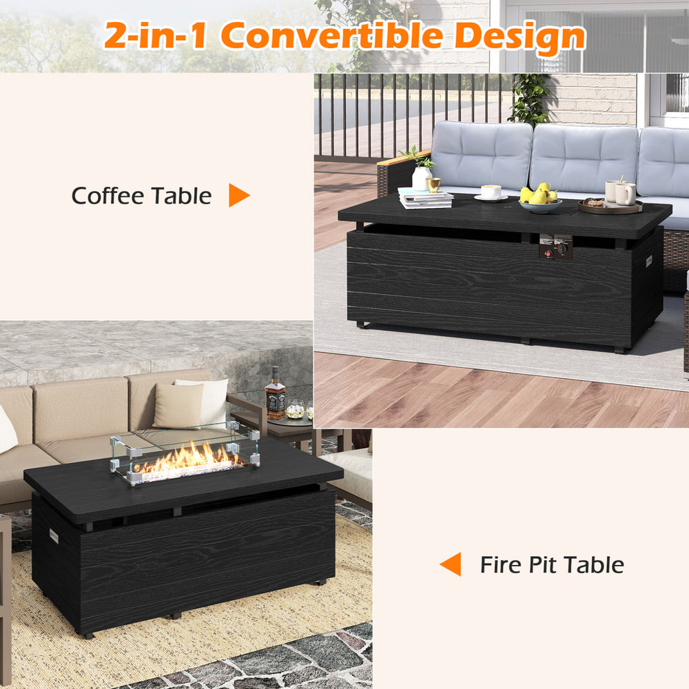 Convertible 51-inch propane fire pit table in black, featuring a removable lid for use as a coffee table or fire pit.