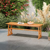 Acacia wood outdoor bench with slatted seat, 800 lbs capacity, ideal for garden or patio gatherings.