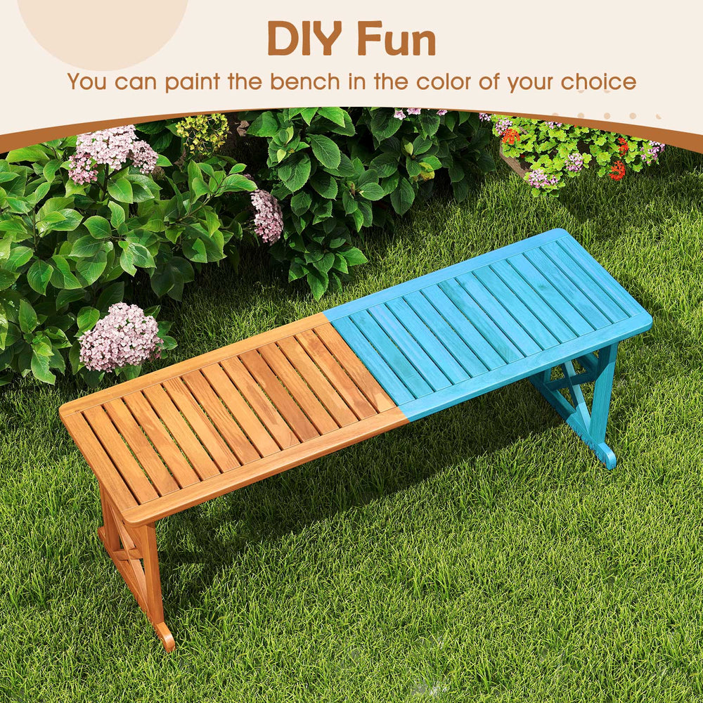 Acacia wood bench with slatted seat, featuring a two-tone finish, suitable for outdoor use in gardens or patios.