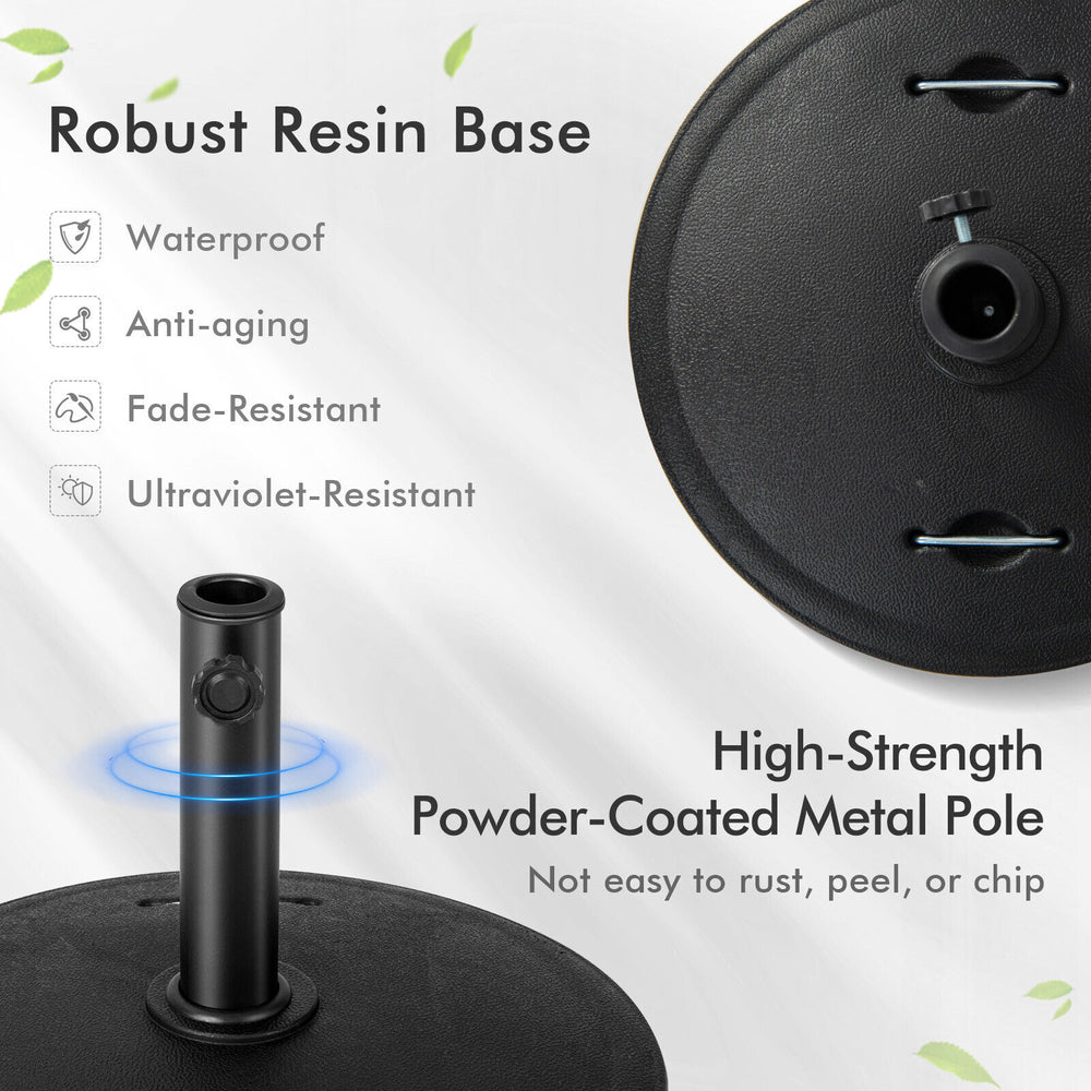 Robust 51LBS outdoor umbrella base with waterproof resin, high-strength metal pole, and 360° swivel wheels for easy.