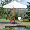 Outdoor umbrella base with wheels and handles, made of durable resin, suitable for patio umbrellas, placed by a pool.