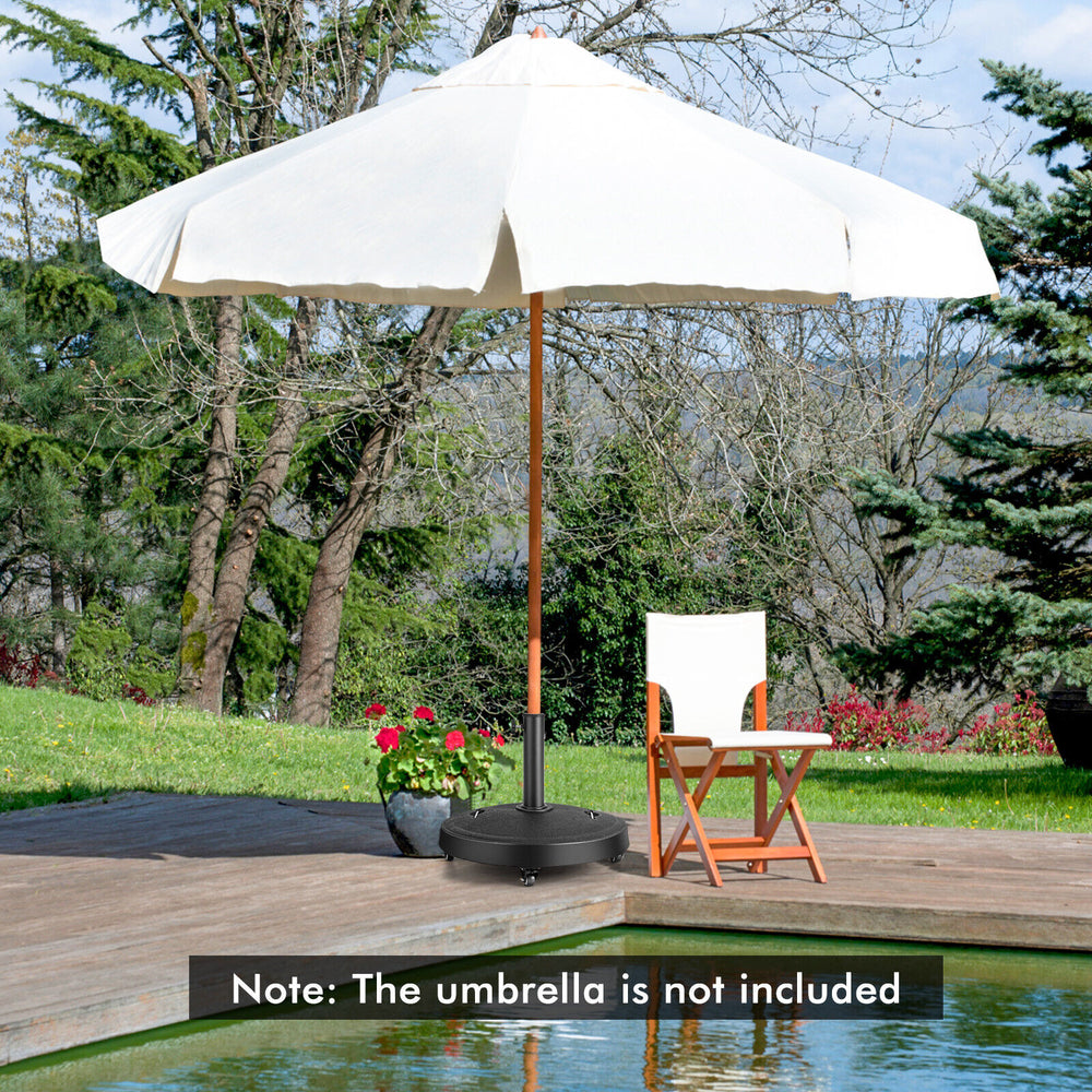 Outdoor umbrella base with wheels and handles, made of durable resin, suitable for patio umbrellas, placed by a pool.