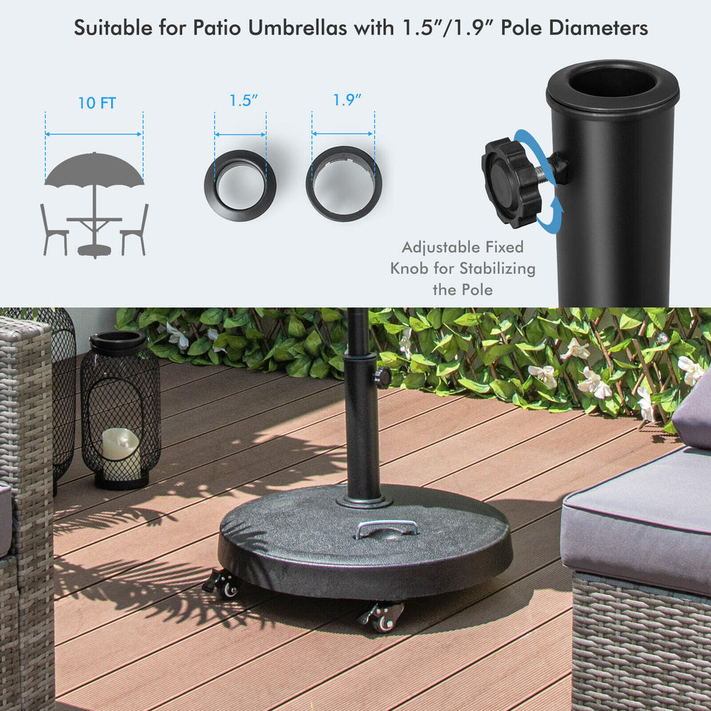 51LBS outdoor umbrella base with wheels and handles, adjustable for 1.5"/1.9" poles, ideal for patio use.