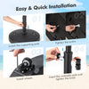 Installation steps for the 51LBS outdoor umbrella base with wheels and handles, featuring a sturdy resin design.