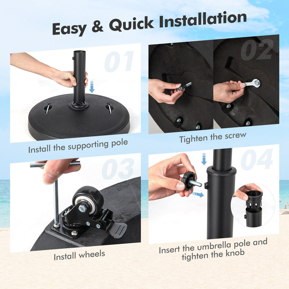 Installation steps for the 51LBS outdoor umbrella base with wheels and handles, featuring a sturdy resin design.