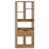 Tall freestanding bookcase with 7 open cubes and a drawer in natural finish, perfect for organized storage in any room.
