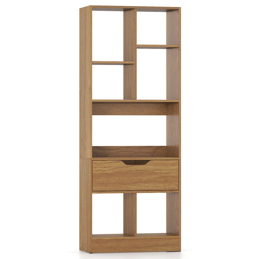 Tall freestanding bookcase with 7 open cubes and a drawer in natural finish, perfect for organized storage in any room.