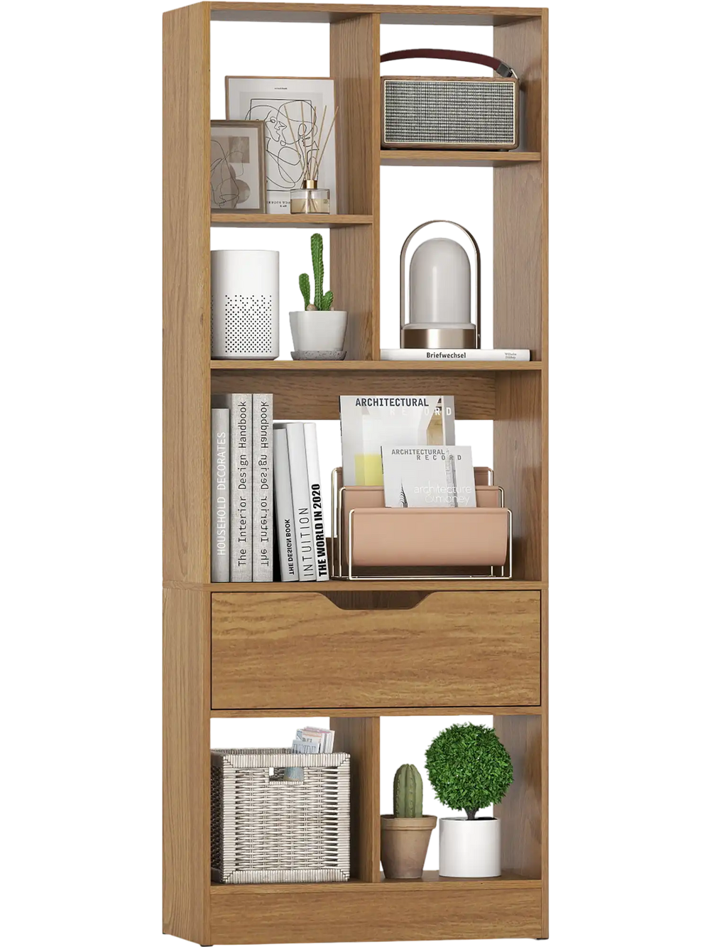 Tall freestanding bookcase with 7 open cubes and a drawer in natural finish, ideal for stylish storage solutions.
