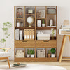 Freestanding 51-inch tall bookcase in natural wood with 7 open cubes and a large drawer for organized storage.