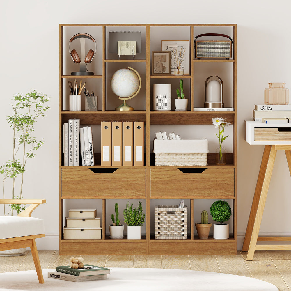 Freestanding 51-inch tall bookcase in natural wood with 7 open cubes and a large drawer for organized storage.