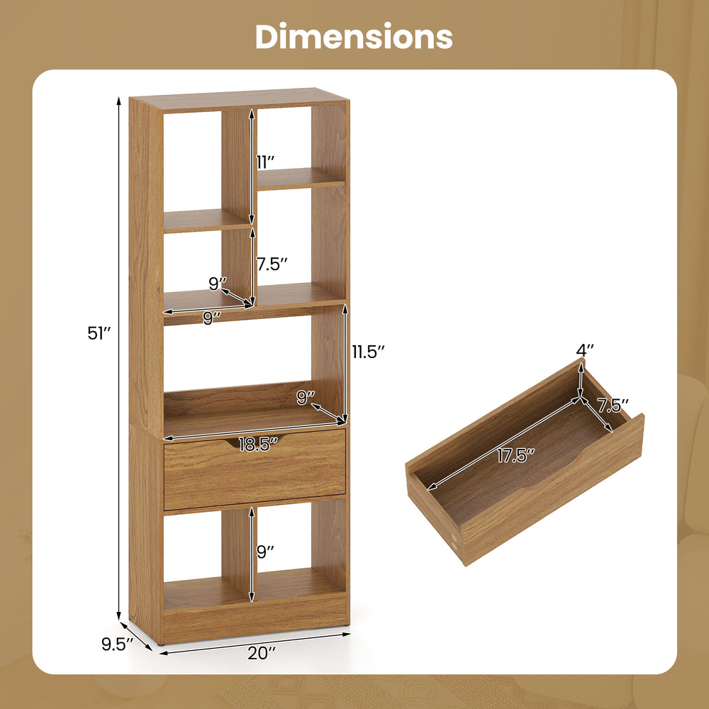 51-inch tall freestanding bookcase with 7 open cubes and a large drawer for organized storage in a natural finish.
