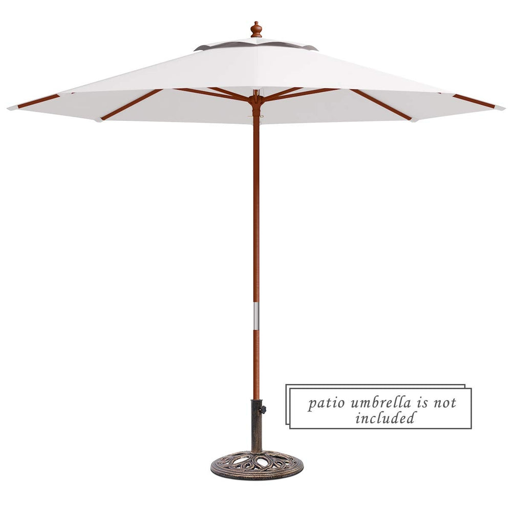 Heavy-duty 23-pound round umbrella base stand in classic bronze, designed for stability with patio umbrellas.