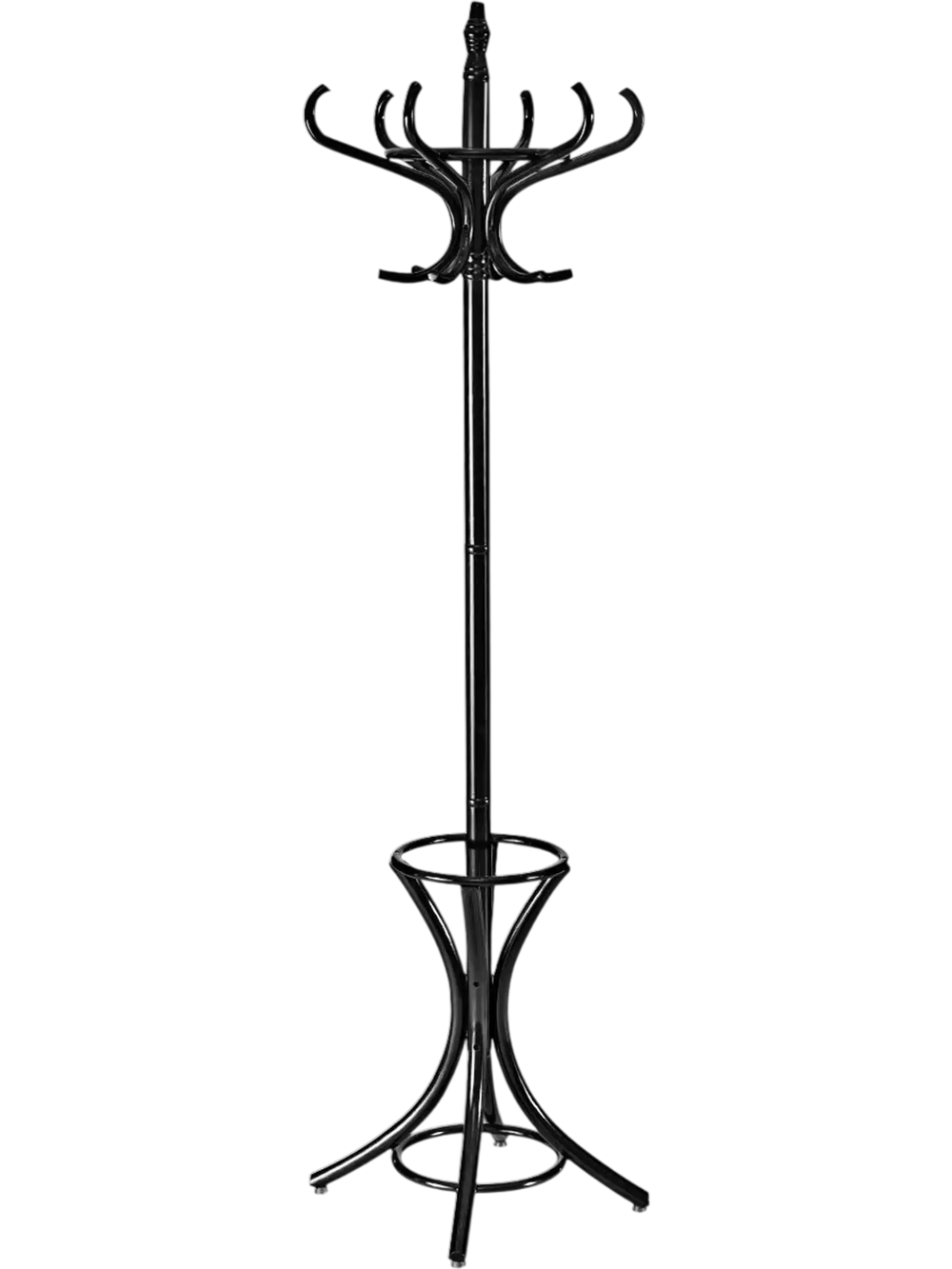 Black wood standing coat rack with umbrella stand, featuring 12 hooks and a stylish design for entryways and living.