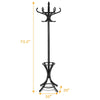 Wood standing coat rack with umbrella stand, black finish, 75.5" tall, features curved hooks for stylish storage.