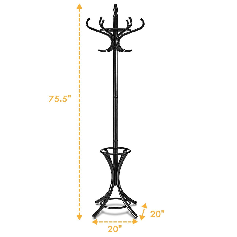 Wood standing coat rack with umbrella stand, black finish, 75.5" tall, features curved hooks for stylish storage.