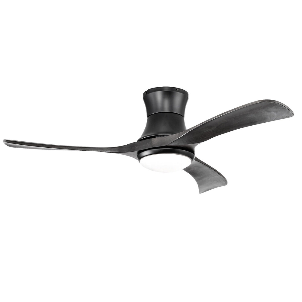 52-inch black flush mount ceiling fan with LED light and 3 wood blades, ideal for living rooms and bedrooms.