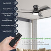 52-inch black flush mount ceiling fan with LED light, remote control, and 6-speed settings for versatile room use.