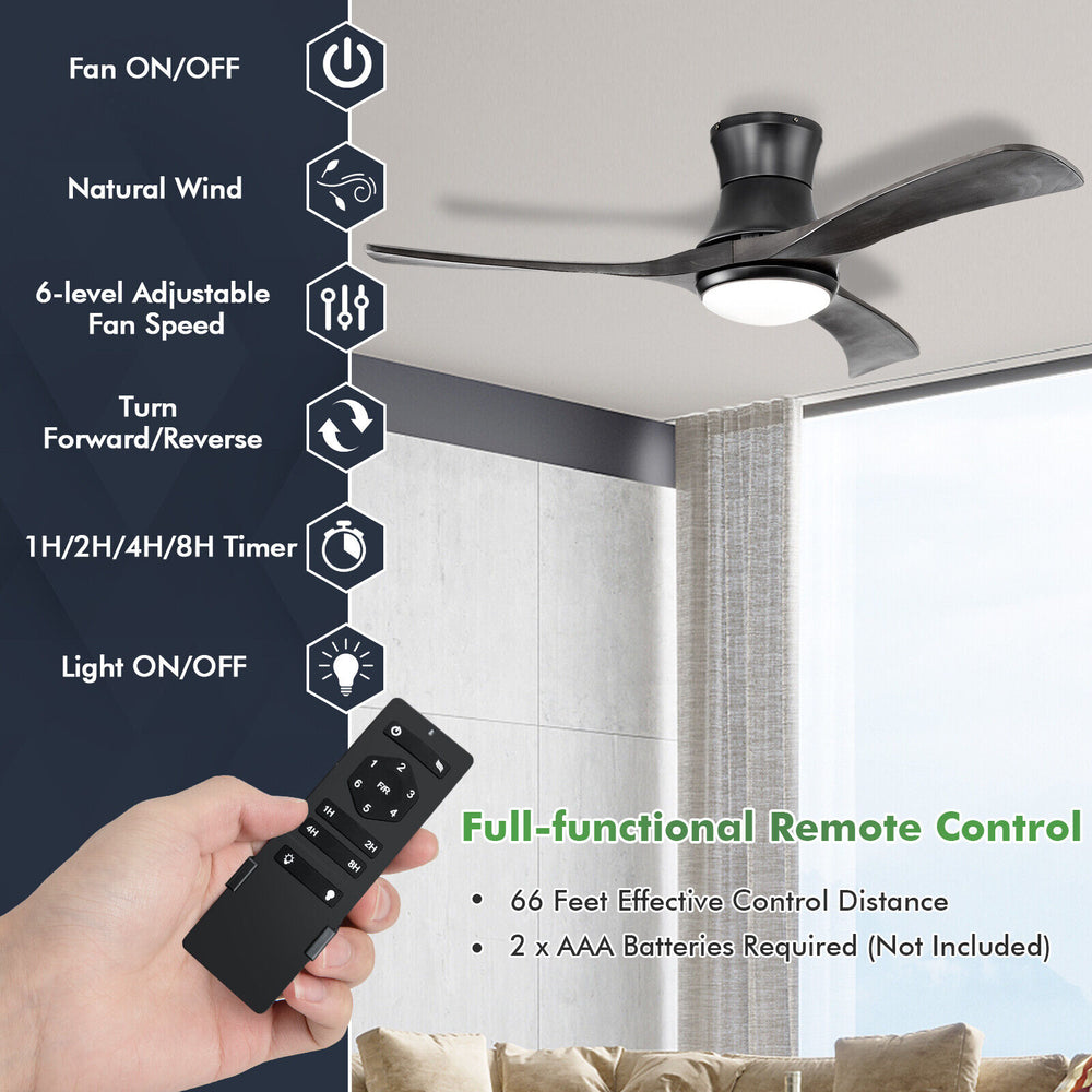 52-inch black flush mount ceiling fan with LED light, remote control, and 6-speed settings for versatile room use.