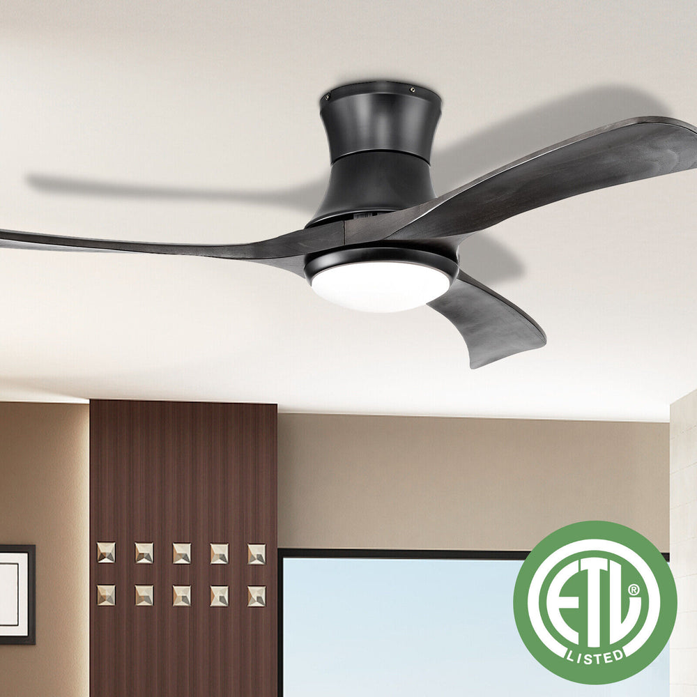 52-inch black flush mount ceiling fan with LED light, featuring 3 wooden blades and remote control for versatile use.
