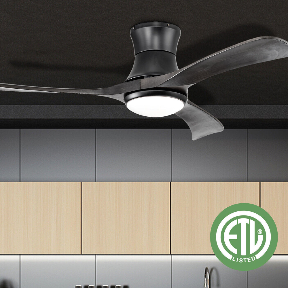 52-inch black flush mount ceiling fan with LED light, featuring 3 wood blades and remote control for versatile use.