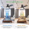 52-inch black flush mount ceiling fan with LED light, showcasing reversible design for summer and winter airflow.