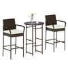 3-piece outdoor bar set featuring two barstools with white cushions and a tempered glass tabletop, perfect for backyard.