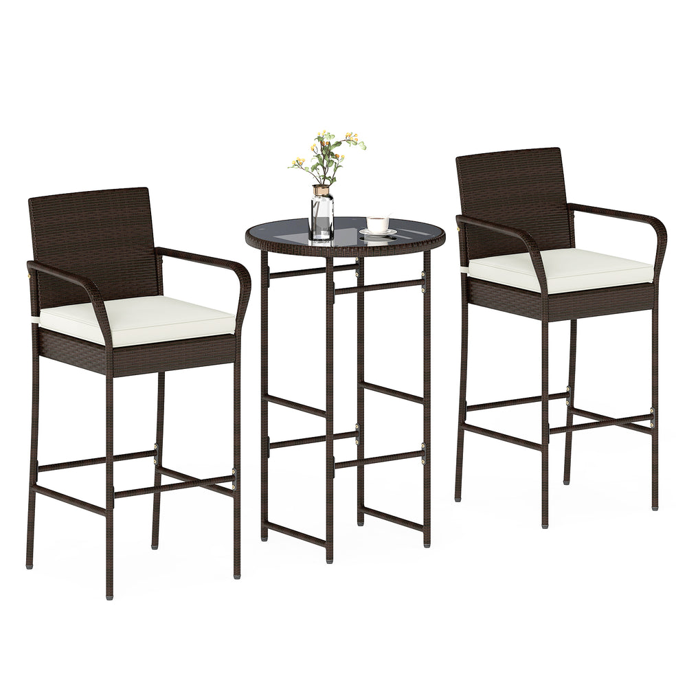 3-piece outdoor bar set featuring two barstools with white cushions and a tempered glass tabletop, perfect for backyard.