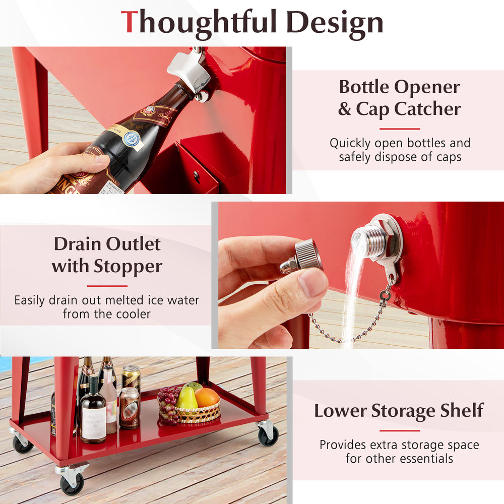 Portable red patio cooler with bottle opener, 80-quart capacity, and bottom storage shelf for easy beverage access.