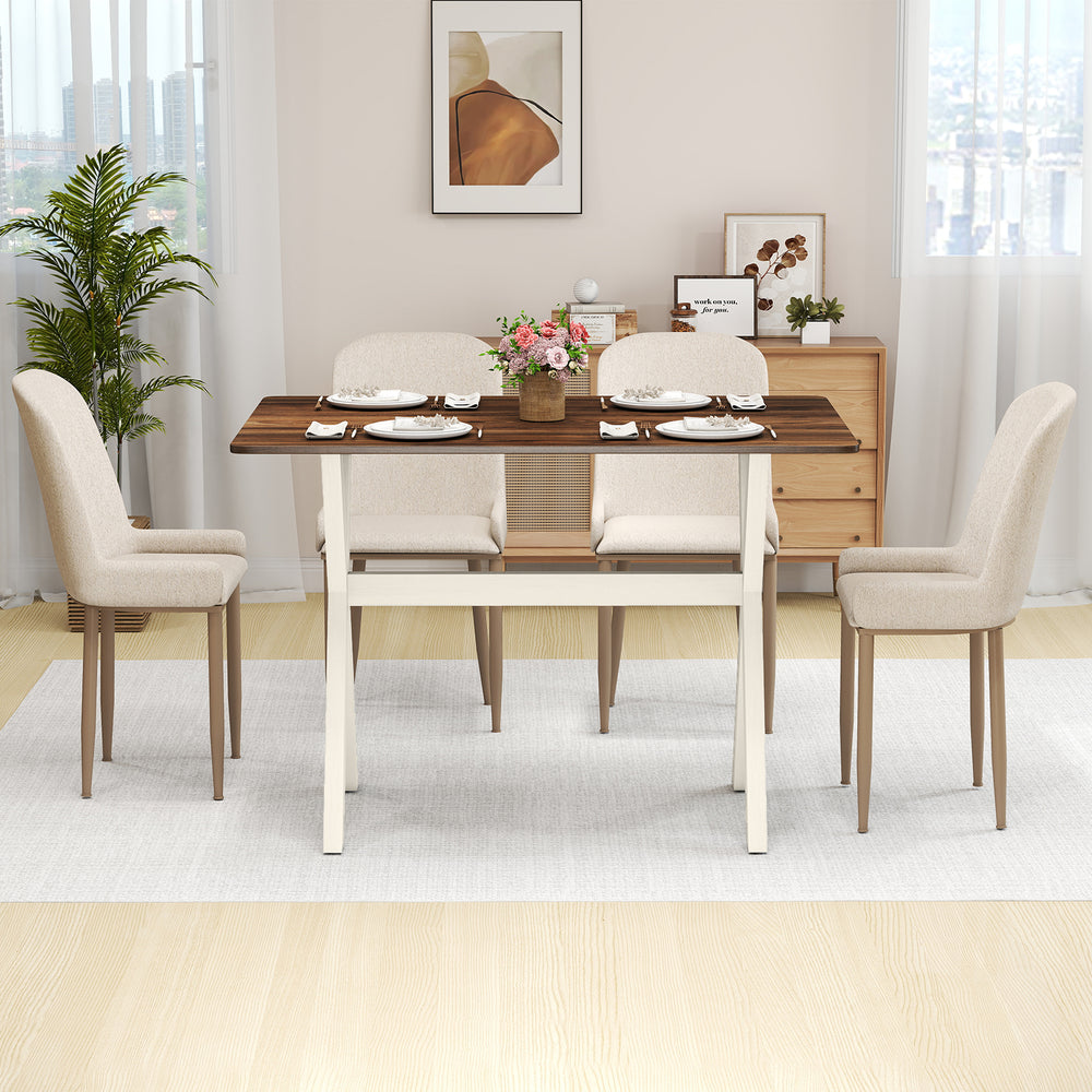 Modern dining table with X-shaped frame, wooden surface, and rubber wood legs, perfect for dining and entertaining.