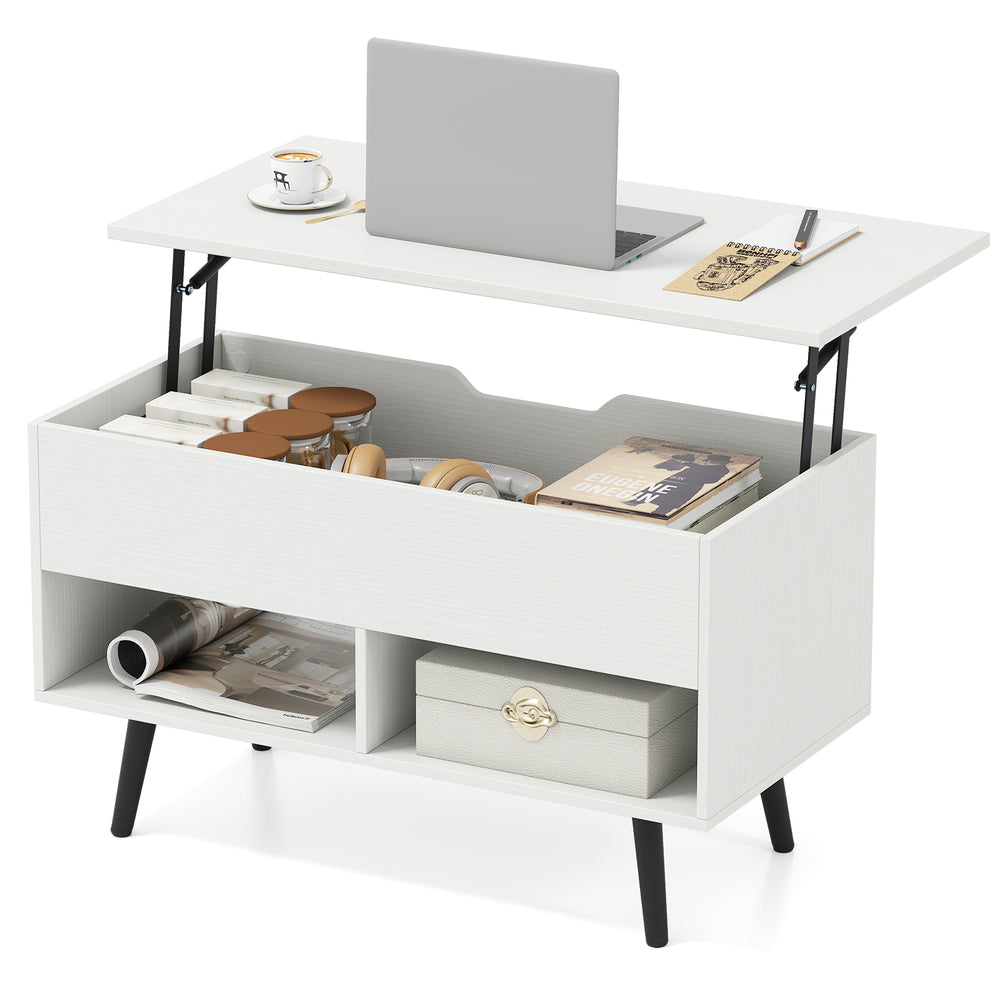 Lift-top coffee table in white with hidden storage, two open shelves, and a modern design for versatile use.