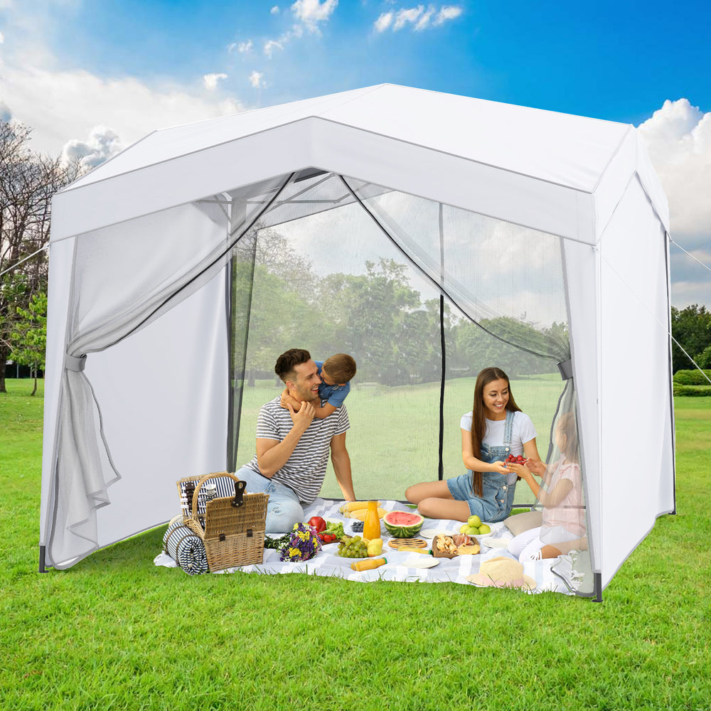 Pop-up canopy tent with 4 sidewalls and mesh netting, ideal for picnics and outdoor activities, providing sun.