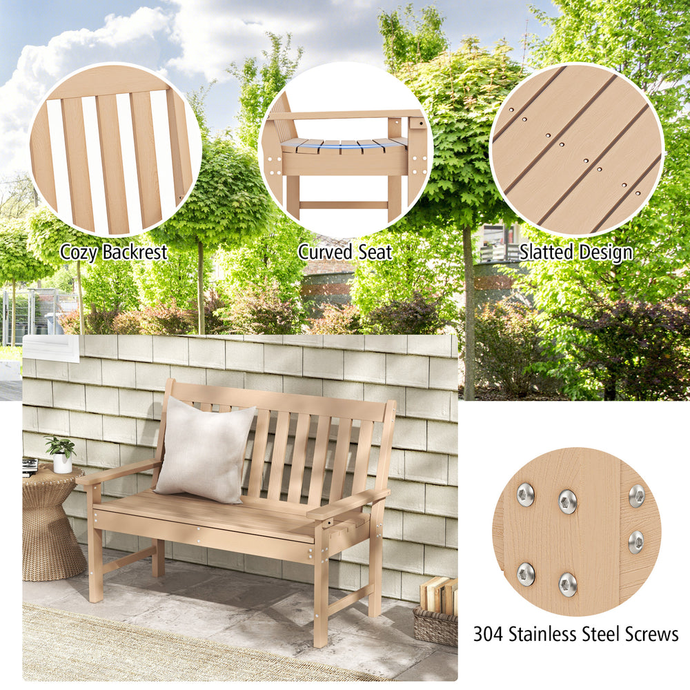 Teak 52-inch outdoor bench with backrest and armrests, made of all-weather HDPE, perfect for garden or porch seating.