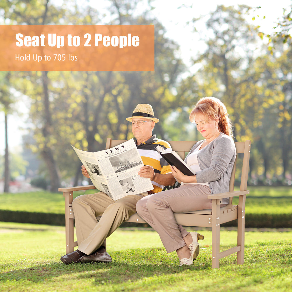 52-inch all-weather HDPE outdoor bench in teak, seating up to 2 people with backrest and armrests for garden relaxation.