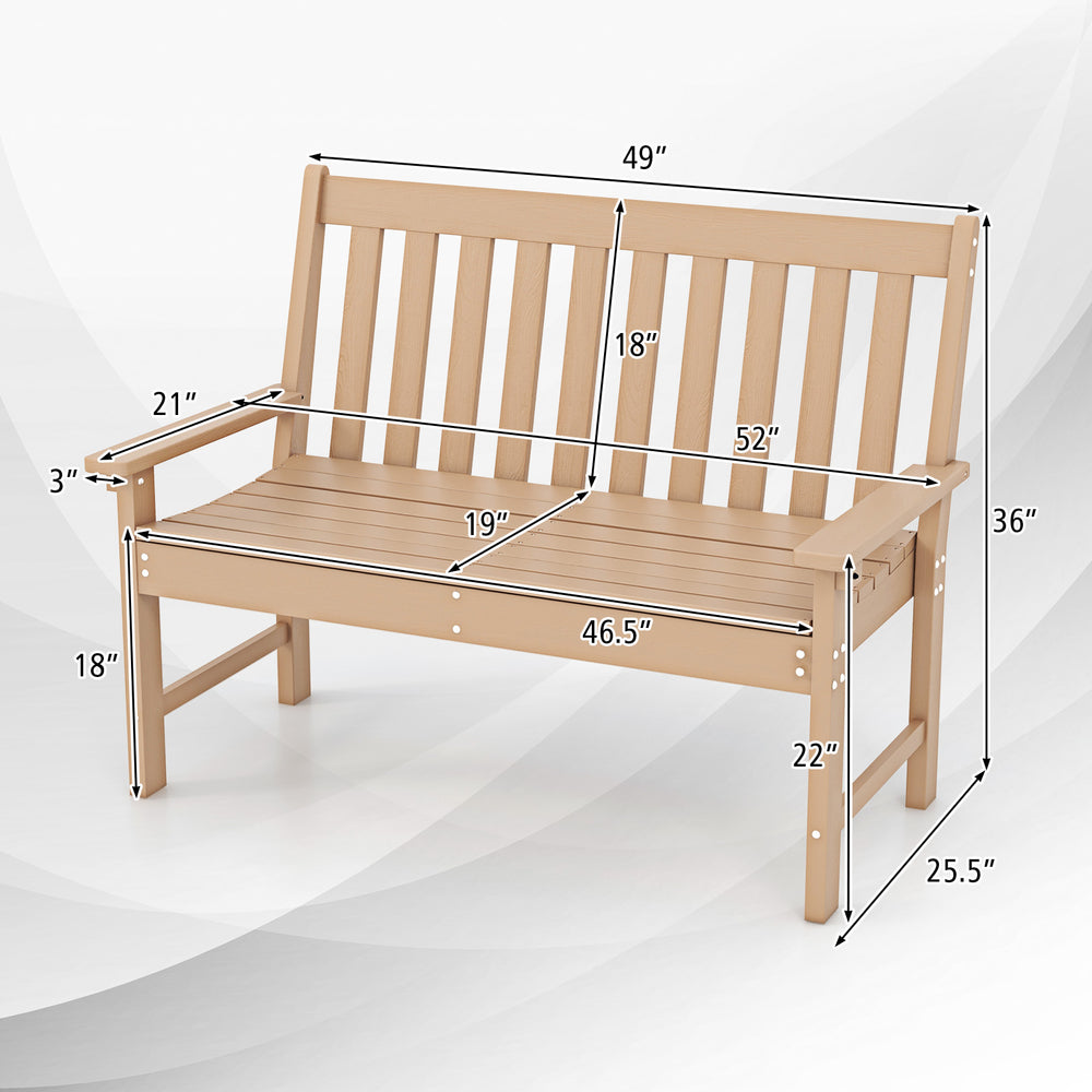 52-inch all-weather HDPE outdoor bench in teak color with backrest and armrests, ideal for garden or porch seating.