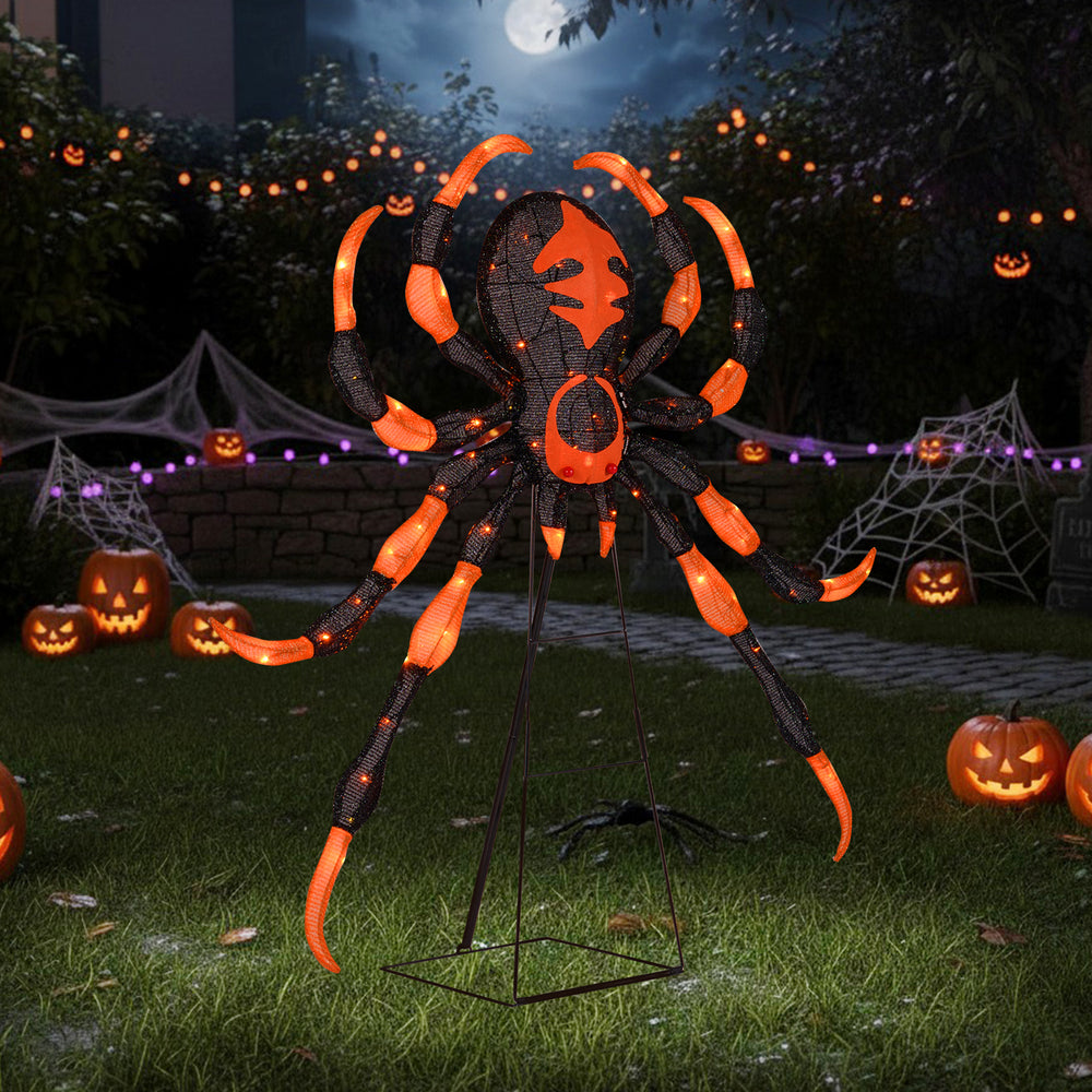52-inch Halloween spider decoration with flickering warm white LEDs, featuring bright red eyes, perfect for outdoor.
