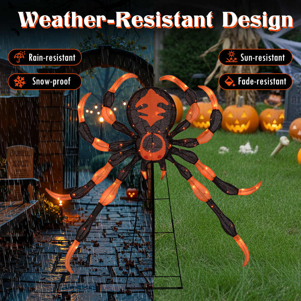 52-inch Halloween spider decoration with flickering warm white LEDs, weather-resistant for outdoor use, perfect for.