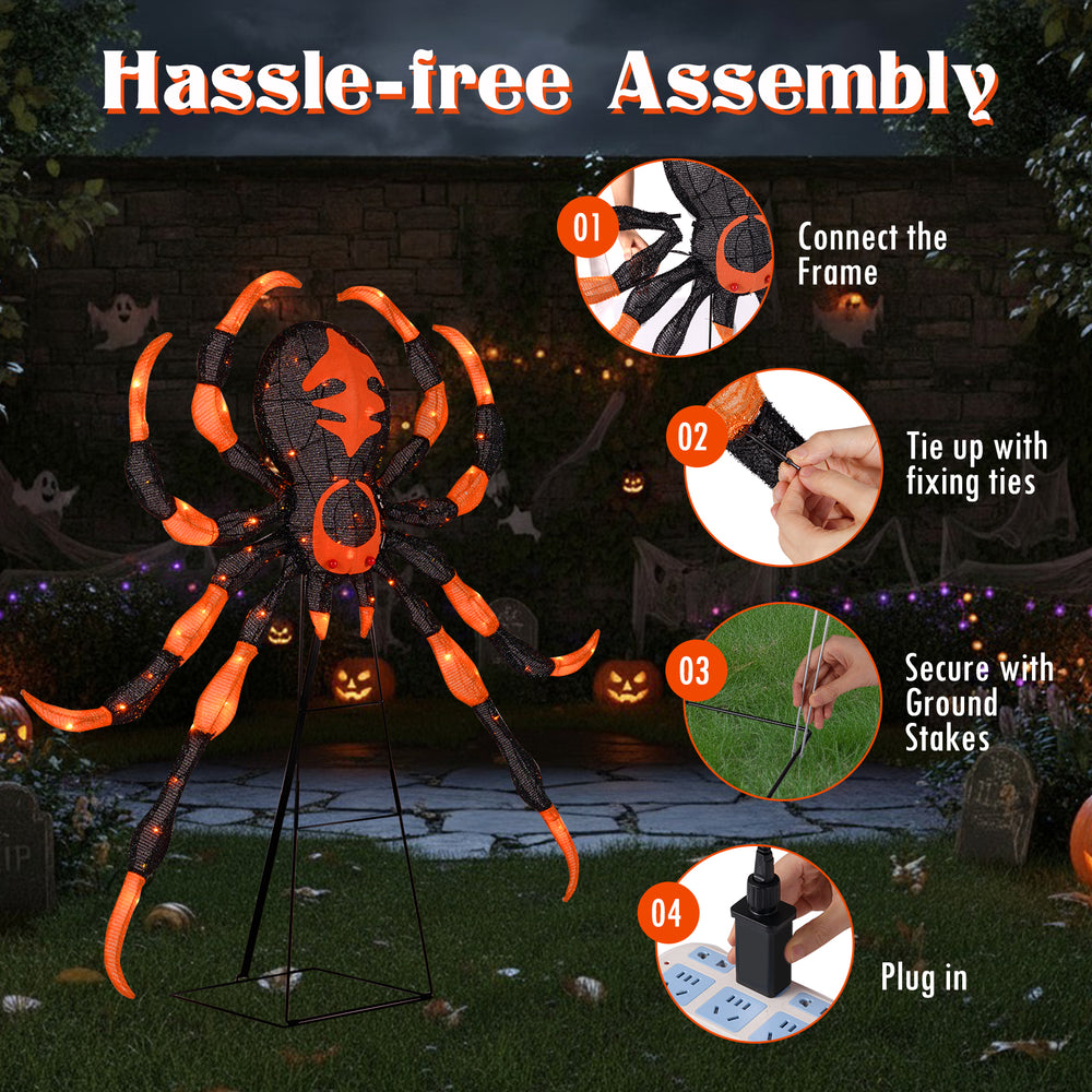52-inch Halloween spider decoration with flickering warm white LEDs, featuring a sturdy metal stand for outdoor display.