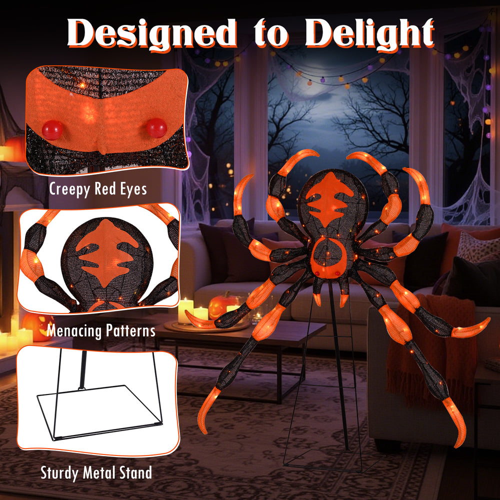 52-inch Halloween spider decoration with bright red eyes, flickering LEDs, and a sturdy metal stand for outdoor use.
