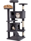 Tall dark gray cat tree tower with multiple perches, caves, and sisal-wrapped posts for climbing and scratching.