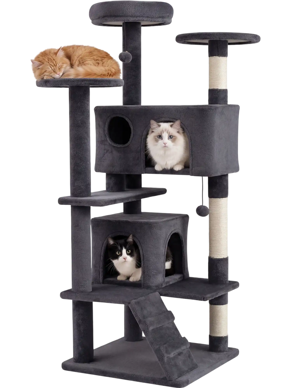 Tall dark gray cat tree tower with multiple perches, caves, and sisal-wrapped posts for climbing and scratching.