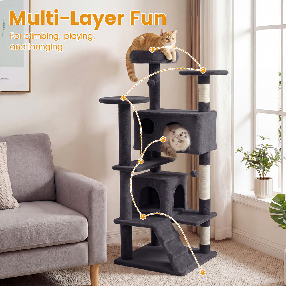 52-inch tall dark gray cat tree tower featuring multi-layer design, padded perches, and sisal-wrapped scratching posts.