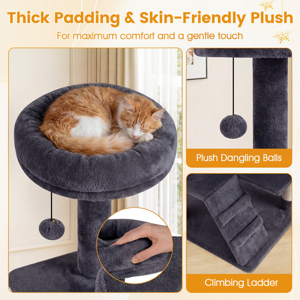 Dark gray 52-inch cat tree tower with padded perch, climbing ladder, and dangling balls for indoor feline fun.