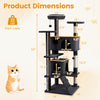 52-inch tall dark gray cat tree tower with multiple perches, caves, and sisal-wrapped posts for climbing and scratching.