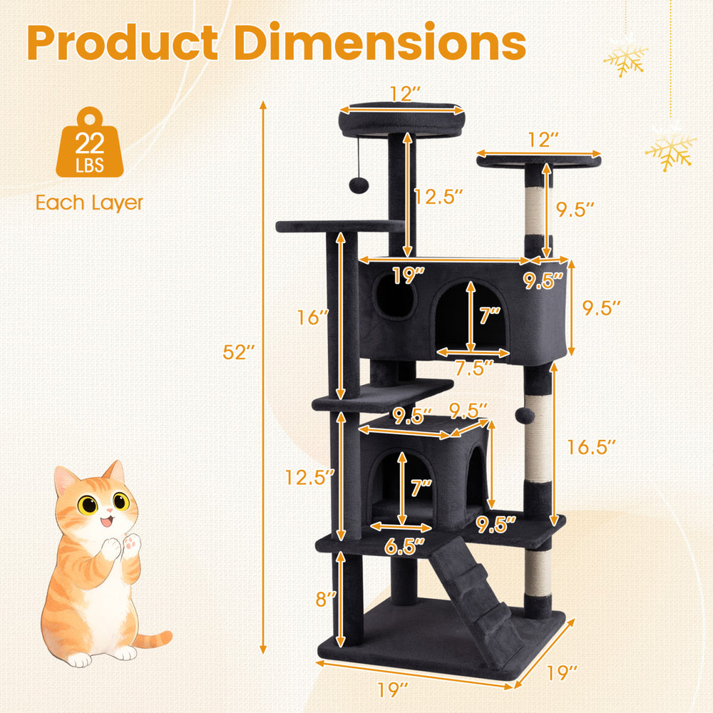 52-inch tall dark gray cat tree tower with multiple perches, caves, and sisal-wrapped posts for climbing and scratching.