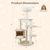 Product dimensions for a 52-inch tall wooden cat tree with plush cushions, featuring a cozy condo and multiple levels.