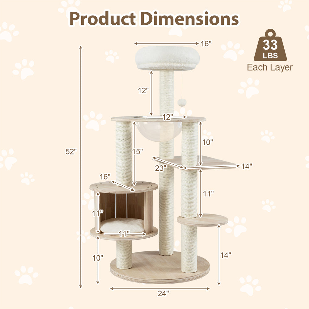 Product dimensions for a 52-inch tall wooden cat tree with plush cushions, featuring a cozy condo and multiple levels.