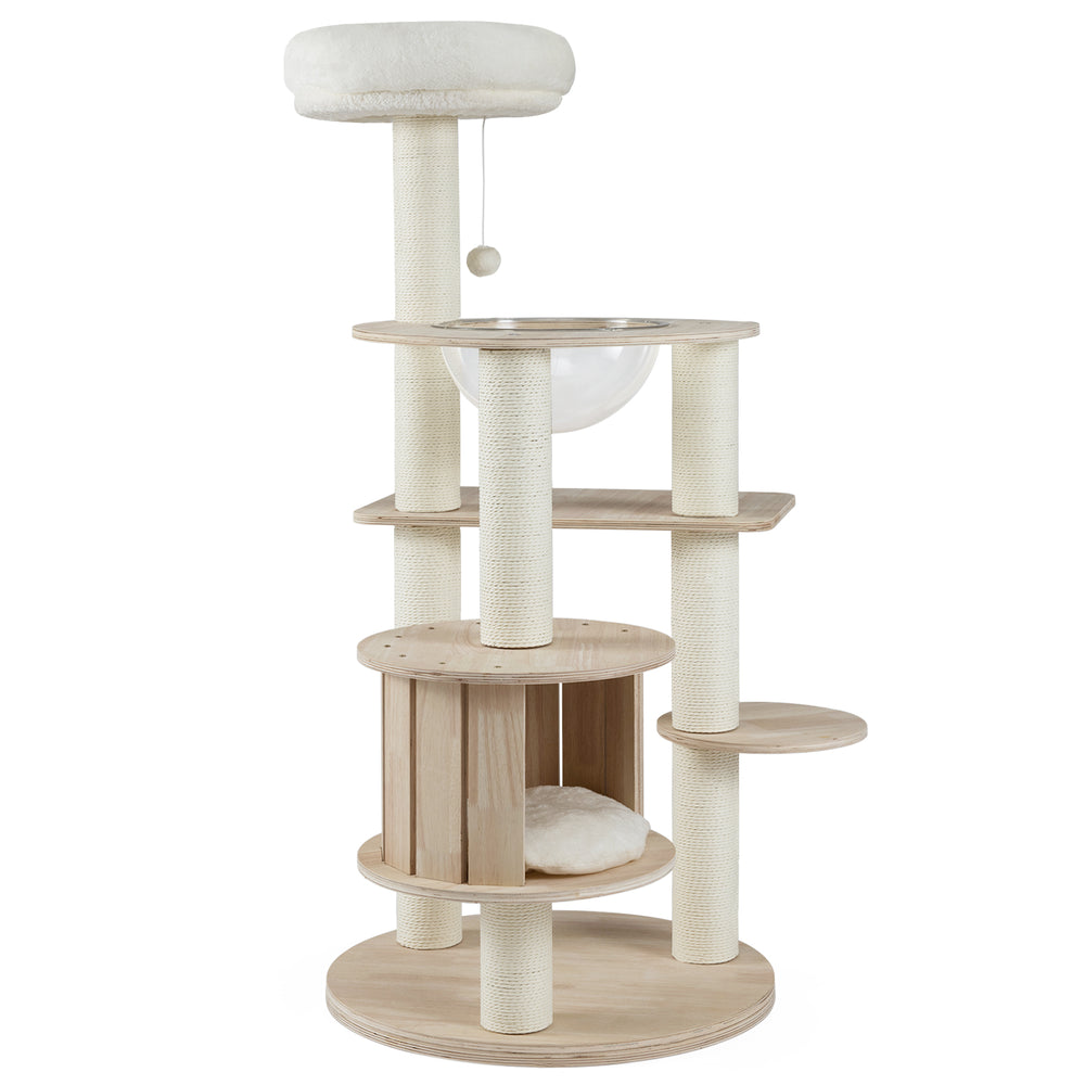 52-inch tall wooden cat tree featuring a cozy top perch, spacious condo, and removable washable cushions for playful.