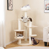 Multi-level wooden cat tree with plush cushions, featuring cozy perches and scratching posts for active cats.
