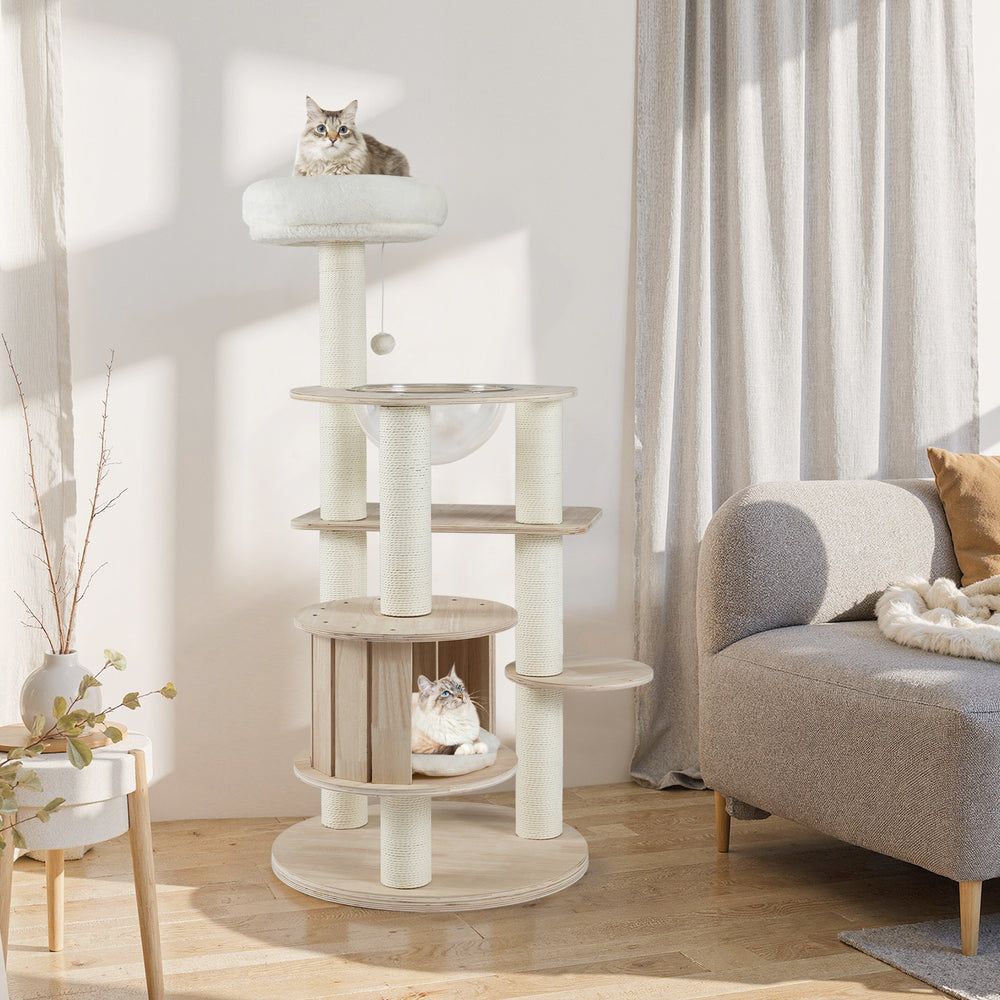 Multi-level 52-inch wooden cat tree with washable plush cushions and cozy condo for climbing and scratching.